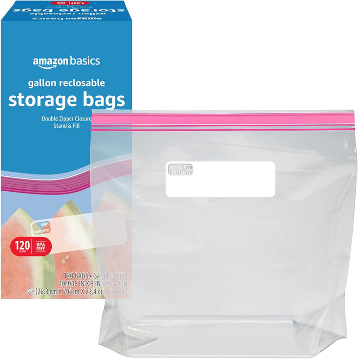 Reclosable Gallon Food Storage Bags with Double Zipper Seal, Stand and Fill Base, BPA Free, 120 Count