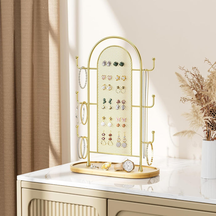 Jewelry Holder Organizer Earring Display - Earring Storage Tree Stands Towers With 6 Hooks 300 Studs Wood Tray Gold Metal Rack