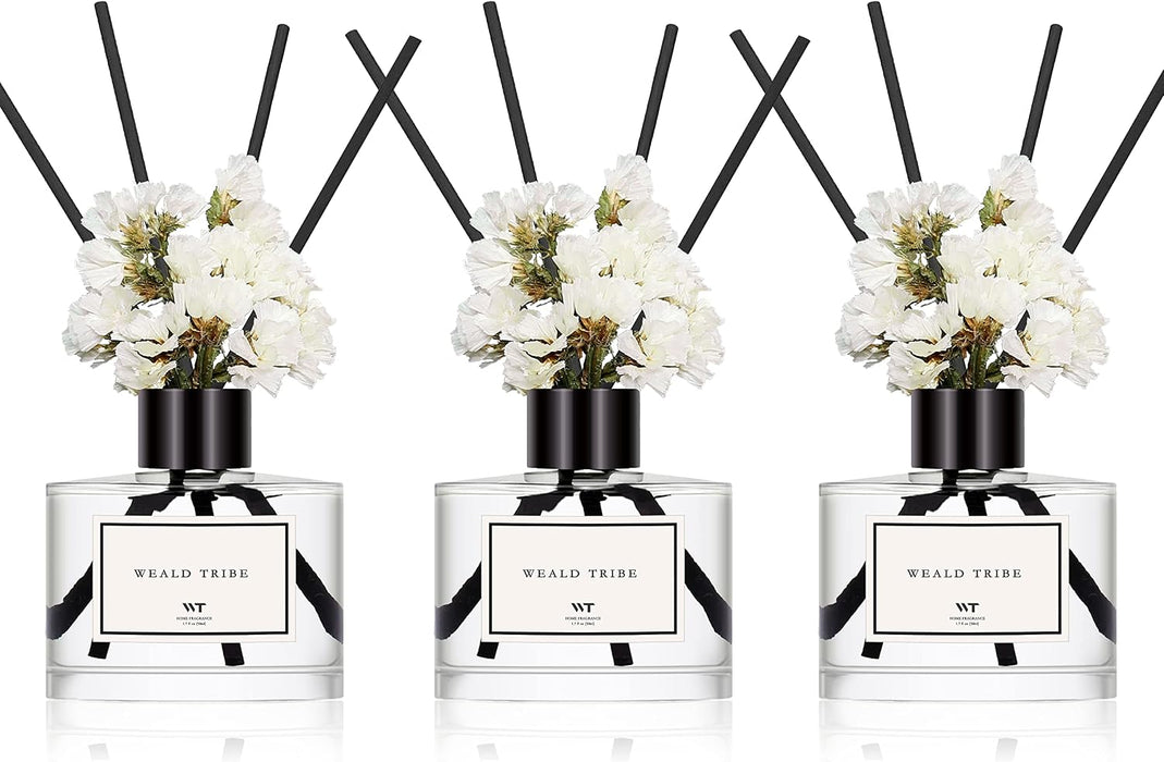 Real Flower Reed Diffuser Set of 3 for Bathroom Air Fresheners, Oil Defusers | Fresh Linen/Ocean/Eucalyptus & Mint Scent(1.7 fl oz Each Pack) Home Fragrance with 12 Stick | Shelf Decor