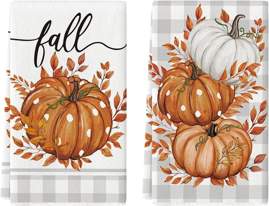 Orange Pumpkin Leaves Fall Kitchen Towels Set of 2 18x26 Inch