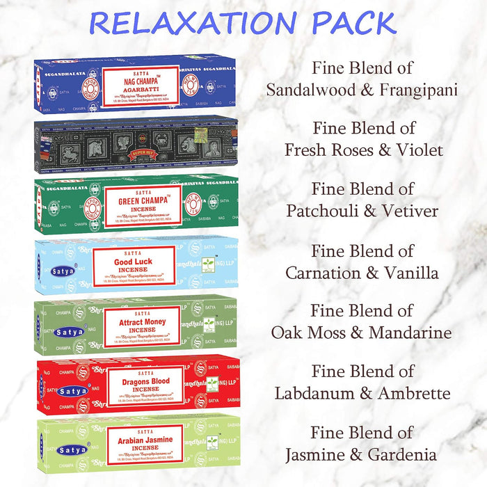 Incense Sticks Gift Set, 7 Scents, Nag Champa, Dragon's Blood, Arabian Jasmine, Super Hit, Green Champa, Goodluck, Attract Money, 15g Each (Relaxation Mix)