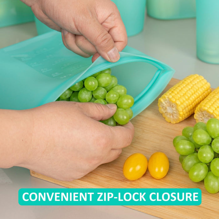 Reusable Food Bags, 12 Pack 100% Silicone Food Storage Bags Stand Up Zip Lock Container, Freezer Microwave Oven Dishwasher Safe, 4 Medium 4 Small 4 Extra Small, Aqua