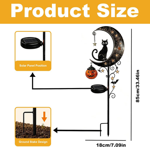 Solar Halloween Black Cat & Pumpkin Moon Garden Stake Light