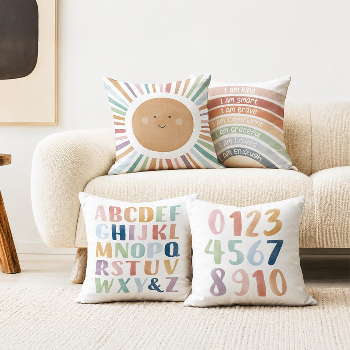 Kids Playroom Decor,Boho Sun Alphabet Throw Pillow Covers,Kids Reading Nook Decor Pillowcase for Classroom Playroom Nurs