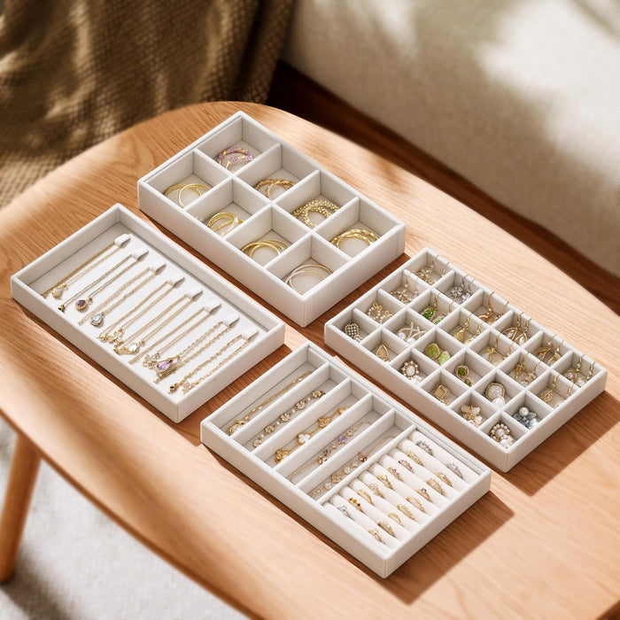 Velvet Jewelry Drawer Organizer Trays – 4-Layer Stackable Jewelry Storage Inserts Set, Beige Jewelry Tray Set for Earrin
