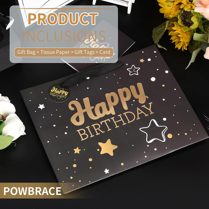 13" Birthday Gift Bag with Tissue Paper & Card(1 Pack Black Gold)