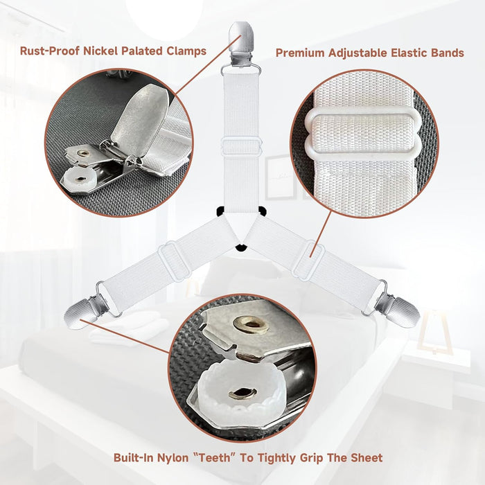 Bed Sheet Straps, Upgrade Fitted Bed Sheet Holders for Corners, Non Slip Sheet Clips White 4Pcs