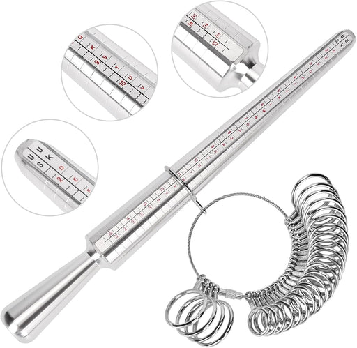 Ring Sizer Measuring Tool Kit, Ring Mandrel Measurer, 27 PCS Premium Steel Measuring Ring Tool, US Ring Size 0-13, 2 PCS Reusable Finger Size 1-17 USA Rings Size with Magnified Glass
