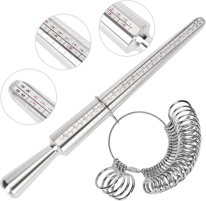 Ring Sizer Measuring Tool Kit, Ring Mandrel Measurer, 27 PCS Premium Steel Measuring Ring Tool, US Ring Size 0-13, 2 PCS Reusable Finger Size 1-17 USA Rings Size with Magnified Glass