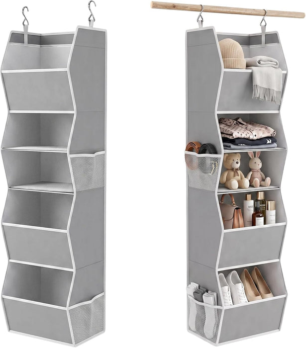 Hanging Closet Organizer 5 Shelf with 4 Side Mesh Pockets, Foldable Closet Organizers and Storage Hanging for Wardrobe, Closet Rod & RV Camping, Front Anti-Slip Support, Grey