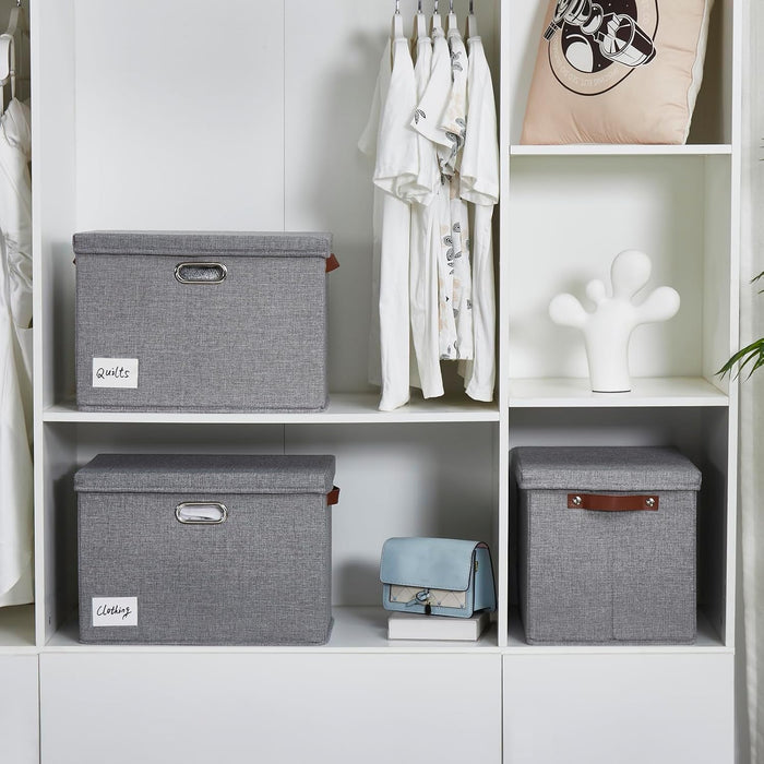 17" Large Fabric Storage Box with Lids, 3-Pack, Gray
