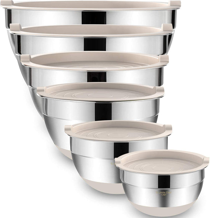 Mixing Bowls with Airtight Lids，6 Piece Stainless Steel Metal Nesting Storage Bowls, Non-Slip Bottoms Size 7, 3.5, 2.5, 2.0,1.5, 1QT, Great for Mixing & Serving(Black)