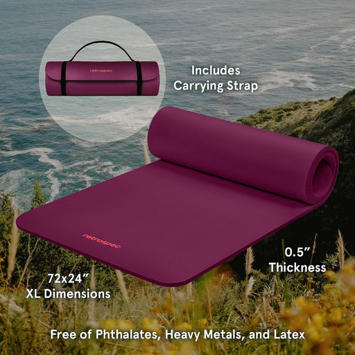 Retrospec Solana Yoga Mat Thick 1/2in Non-Slip Workout Mat with Nylon Strap - 72x24in Exercise Mat for Pilates, Stretchi