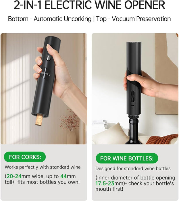 Electric Wine Opener Rechargeable, 7-in-1 Automatic Wine Bottle Opener Gift Set with Electric Vacuum Pump, Foil Cutter, Aerator Pourer, 2 Stoppers & Charging Base, Black