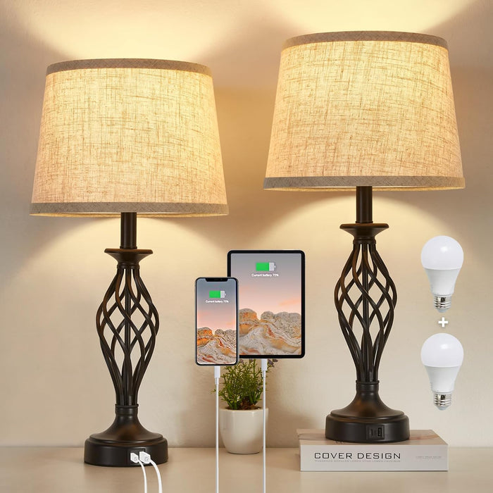 Table Lamp for Bedroom Set of 2 with USB C+A Ports,Modern Night Stand Lamps