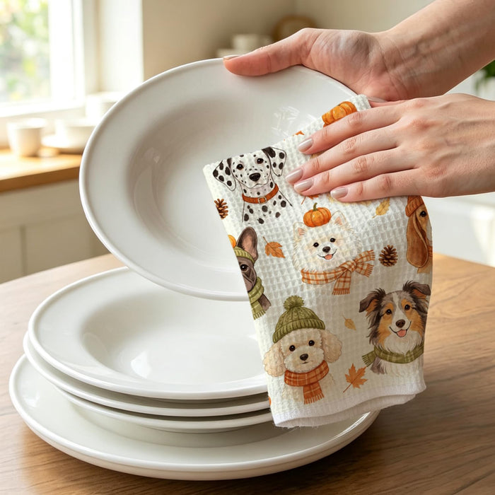 Autumn Dog Lover Kitchen Towel, Fall Puppy Decor Dish Towel