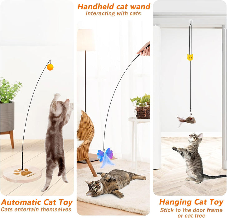 Interactive cat Toy, Automatic Cat Wand Toy with Stable Wooden Base, 2 PCS Detachable Cat Teaser, 5PCS Refills Replacement & Hanging Elastic String, Kitty Kitten Toys Feather Spring Bird Toy