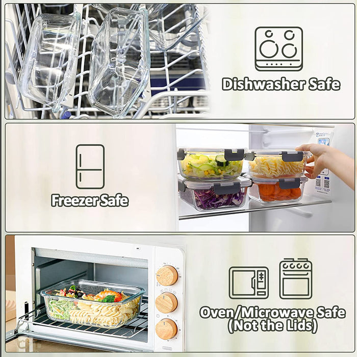 10 Pack Glass Food Storage Containers with Lids, Gray