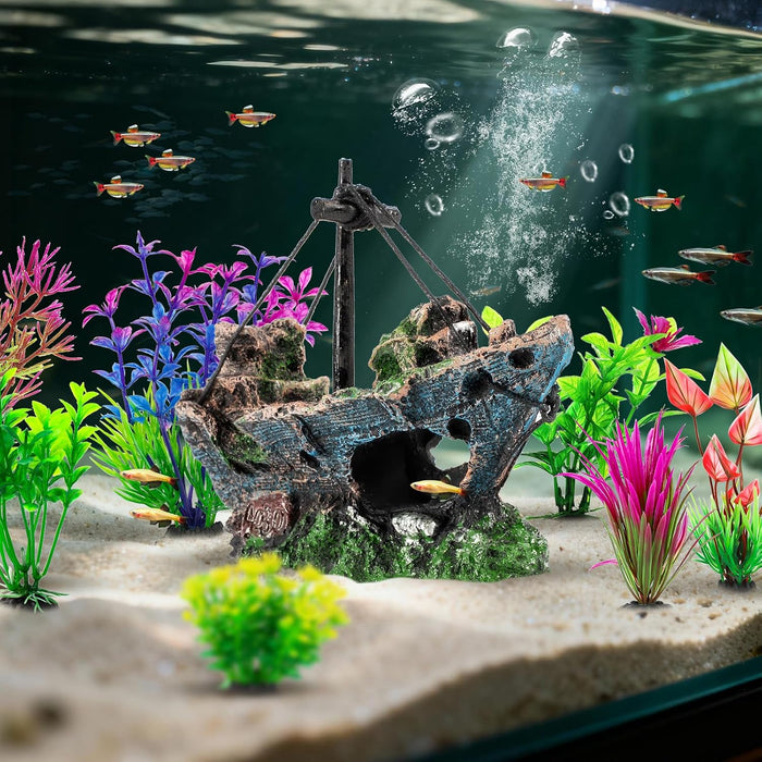 8Pcs Fish Tank Decorations Set Sunken Ship Decoration,Resin Material Fish Tank Accessories Accessories for Natural Look,