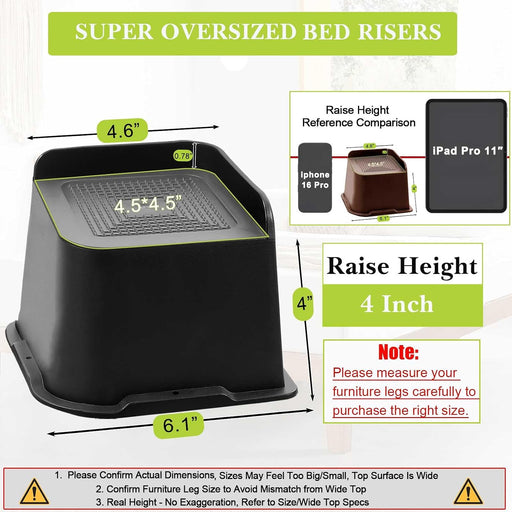 Bed Risers 2 inch, 3 inch, 4 inch, 6 inch, 8 inch Heavy Duty, Oversized Furniture Riser for Couch Sofa Table Chair Leg Frame Dorm, Support up to 6000 Lbs (Black 4 Pack, 4 inch)