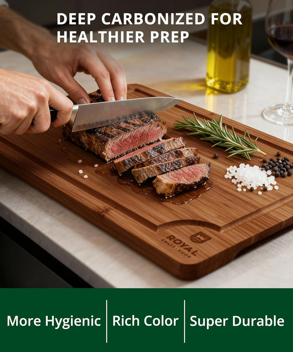 Wooden Cutting Boards for Kitchen Appliances - Non Toxic Bamboo Wood Cutting Board Set with Deep Juice Groove, Side Hand
