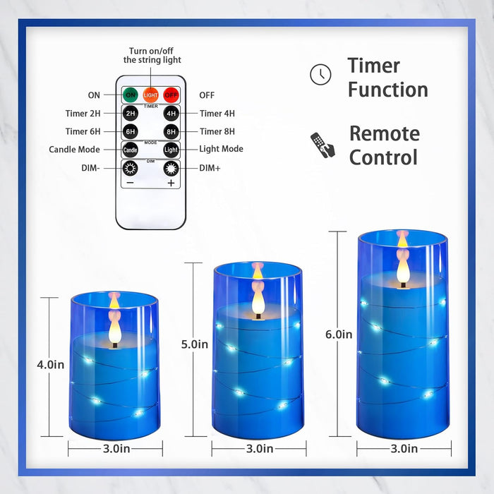 Flickering Flameless Candles: 3D Wick Built-in Star String Lights Acrylic Unbreakable Battery Operated LED Pillar Candles with Remote and Timer - 3 Pack for Wedding Valentine's Day Decor