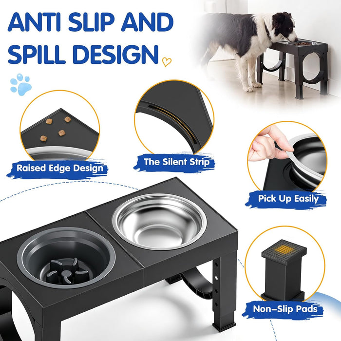 Elevated Dog Bowls Large Breed Raised Dogs Bowl Stand Large/Medium Sized Dog Slow Feeder Dogs Bowls Food Water Stands 5 Heights Adjustable 9/11/12/14in Pet Feeder Dish Station