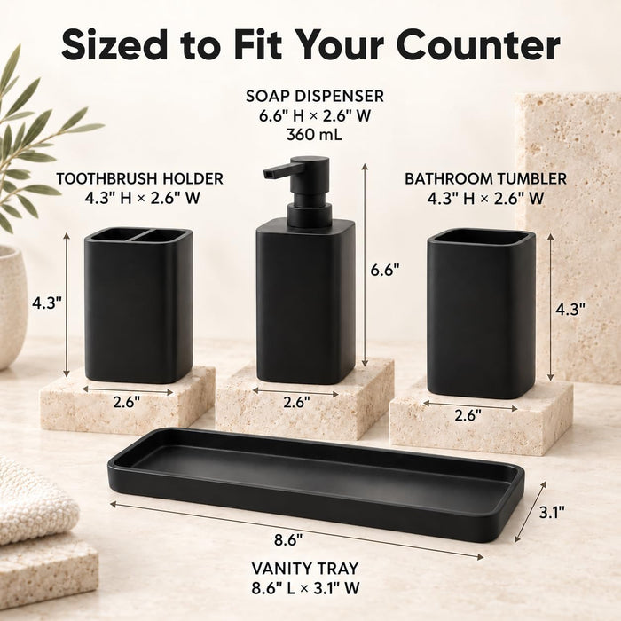 Matte Black Bathroom Accessories Set, 4-Piece Bathroom Accessory Set with Soap Dispenser, Toothbrush Holder, Tumbler and Vanity Tray, Polyresin Countertop Organizer