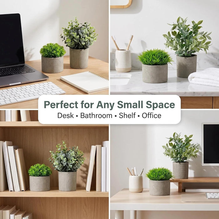 Artificial Potted Plants Faux Greenery in Cement Pots for Shelf, Bookshelf, Office or Home Decor, Small Decorative Fake Plants for Modern Indoor Display