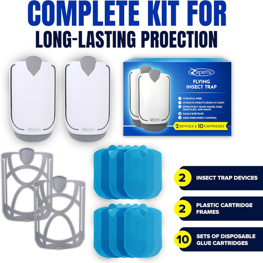2 Fruit Fly Traps & 10 Adhesive Cartridges, Indoor Plug-in Bug Catcher, UV Light Fly Trap Captures Fruit Flies, Gnats, H