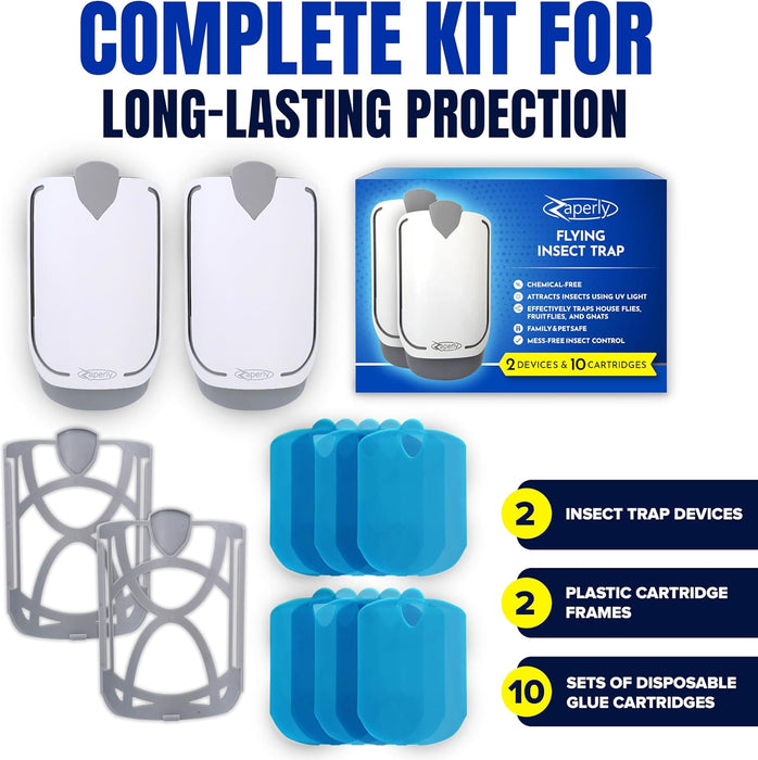 2 Fruit Fly Traps & 10 Adhesive Cartridges, Indoor Plug-in Bug Catcher, UV Light Fly Trap Captures Fruit Flies, Gnats, H