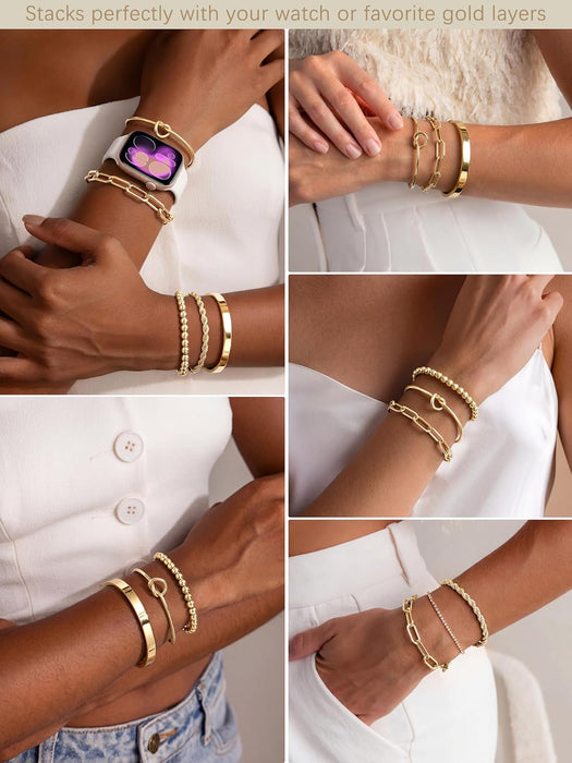 Gold Bracelets Set for Women Non Tarnish, Waterproof 14K Gold Plated Sterling Silver Chunky Cuff Bracelet Stackable Gold Bangles Bracelet for Women Trendy Fashion Accessories Tie Knot Cuban Rope Paperclip Beaded Bracelet Stack Jewelry Mothers Day Gifts for Mom Birthday