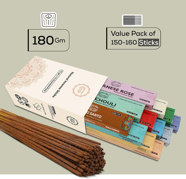 Incense Sticks Assorted Pack (180 gm), 100% Pure Organic Natural Hand Rolled Free from Chemicals - Perfect for Aromather