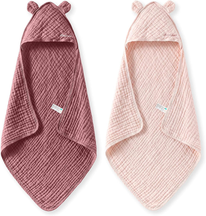 6-Layer Muslin Cotton Baby Towels with Hood, 32x32 Inch, Pink