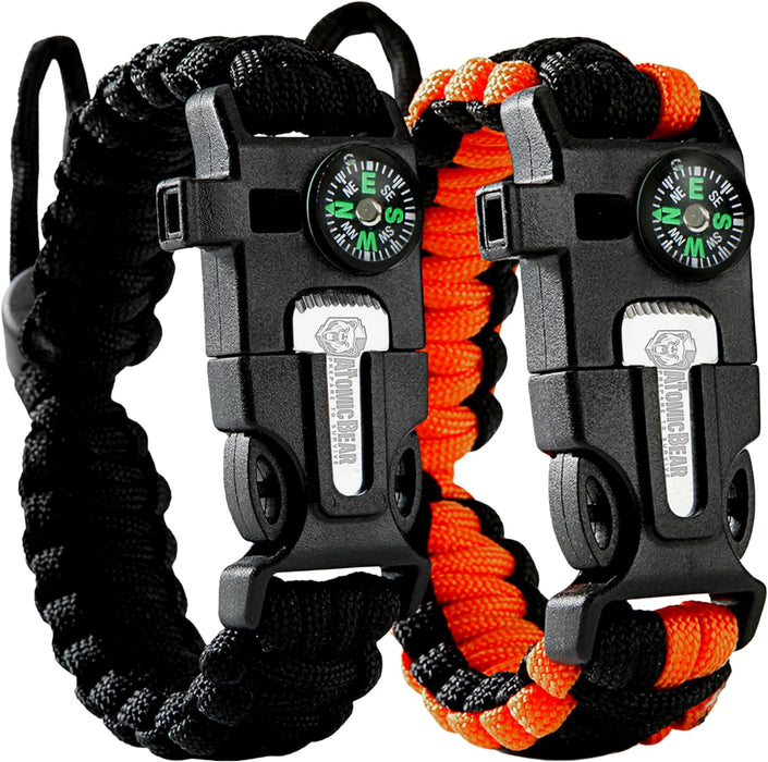 Atomic Bear Paracord Bracelet (2 Pack) - Adjustable - Fire Starter - Loud Whistle - Perfect for Hiking, Camping, Fishing