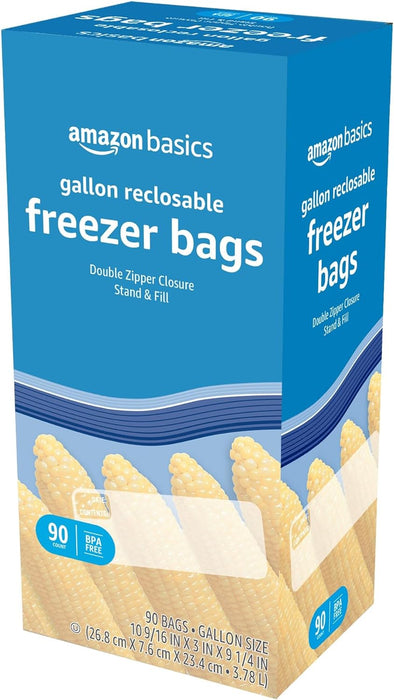 Reclosable Freezer Gallon Size Bags with Double Zipper Seal, Stand-Up Bottom, BPA Free, 90 Count (Previously Solimo)