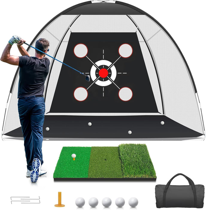 Golf Net with Practice Mat,Golf Hitting Aid Nets 10x7FT for Backyard Driving Chipping Training Swing with Target Mat Bal