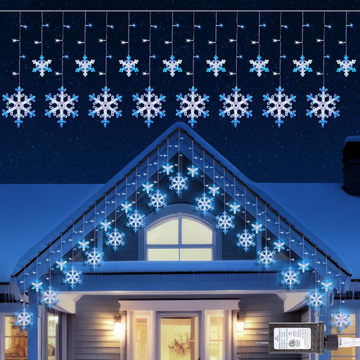 Christmas Snowflake Lights - 13ft 192LED Snowflake Icicle Lights with 16 Drops, 12 Modes and Timer, IP65 Waterproof Connectable Christmas Light for House Eave Window Indoor Outdoor Decoration