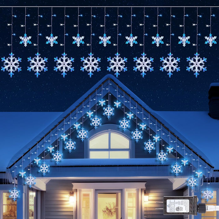 Christmas Snowflake Lights - 13ft 192LED Snowflake Icicle Lights with 16 Drops, 12 Modes and Timer, IP65 Waterproof Connectable Christmas Light for House Eave Window Indoor Outdoor Decoration