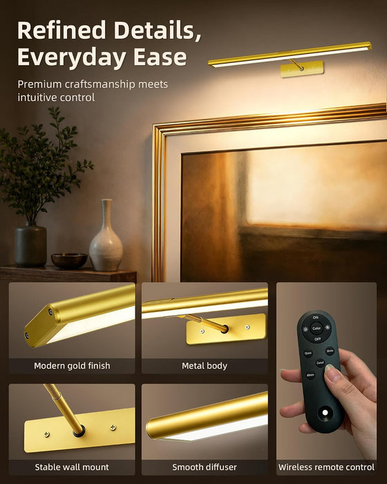 Picture Light for Wall, 4800mAh Rechargeable Wireless Remote, 16‘’ Dimmable Magnetic LED Art Display Light with 3 Color Temperatures, for Gallery, Living Room, Bedroom, Hallway (Gold)