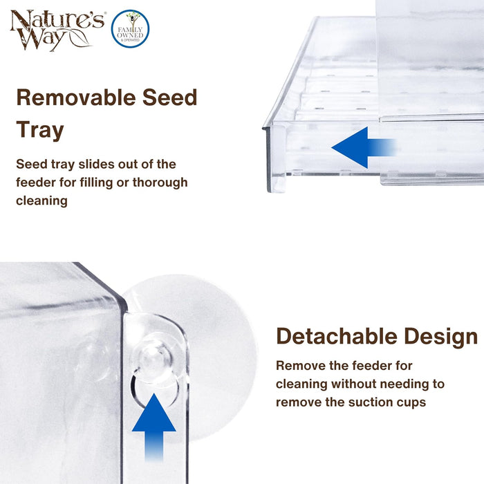 Nature’s Way Crystal Window Seed Feeder with 4 Secure Suction Cup Mount, Clear 2-Cup Capacity Hanging Bird Feeder for Cl