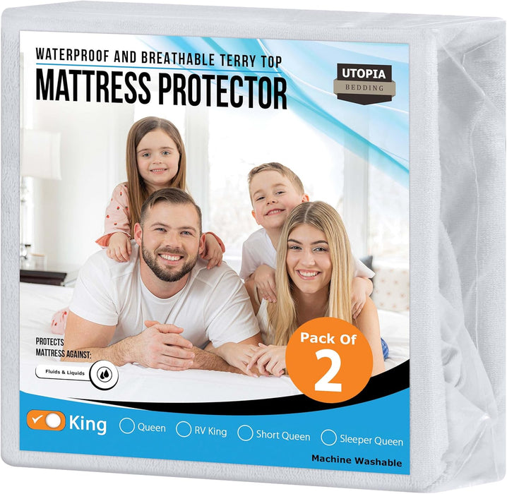 Waterproof Mattress Protector Twin Size, Premium Terry Mattress Cover 200 GSM, Breathable, Fitted Style with Stretchable Pockets (White)