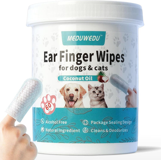 Ear Cleaner Finger Wipes 60 Counts, Dog Ear Cleaner, Grooming Kit Care for Dogs and Cats, Soft & Easy Otic Cleaning Pads