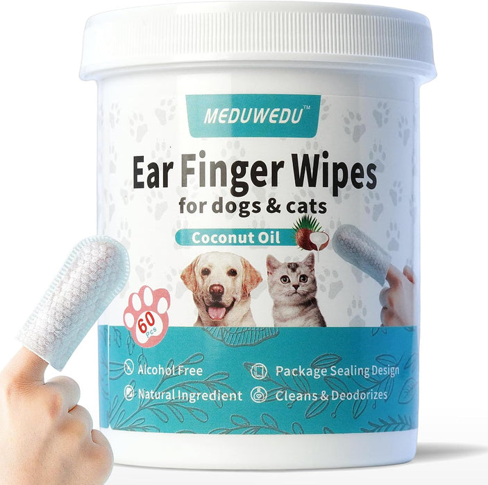 Ear Cleaner Finger Wipes 60 Counts, Dog Ear Cleaner, Grooming Kit Care for Dogs and Cats, Soft & Easy Otic Cleaning Pads