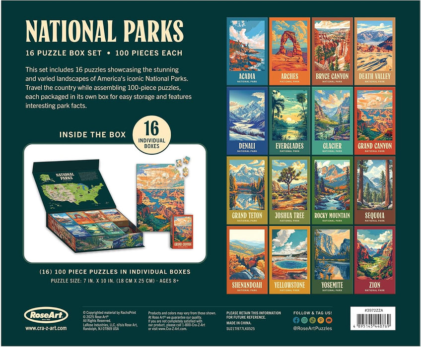 - National Parks Jigsaw Puzzle Box Set - 16 Mini Puzzles, 100 Pieces Each - Colorful Puzzle Gift Set for Adults