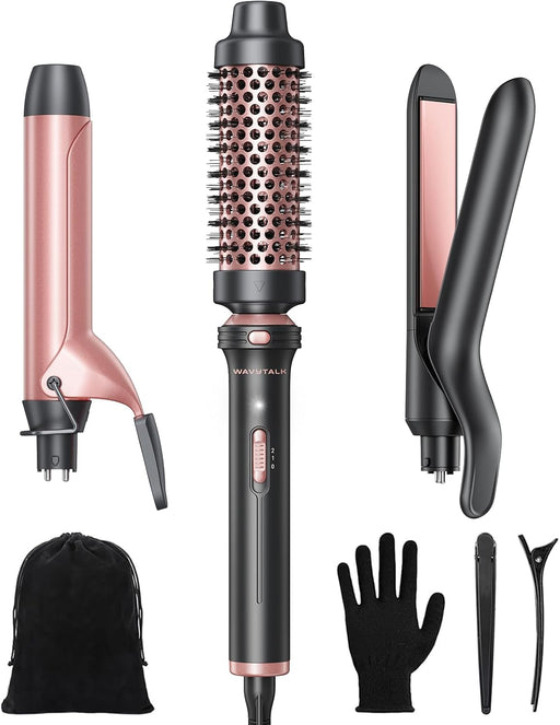 3 in 1 Curling Wand Set with Heated Round Brush, Versatile Styling
