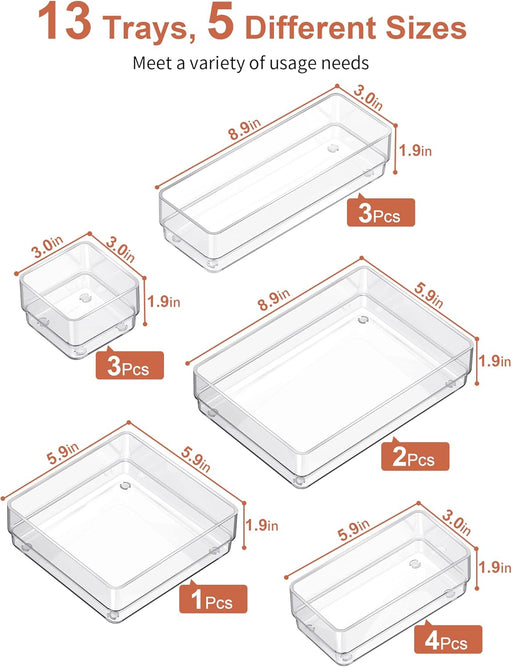 13 PCS Drawer Organizer 5-Size Desk Makeup Drawer Organizer Clear