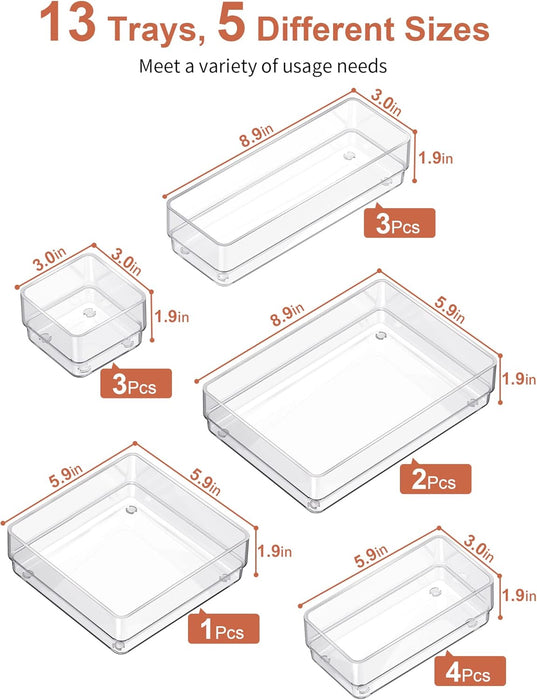 13 PCS Drawer Organizer 5-Size Desk Makeup Drawer Organizer Clear