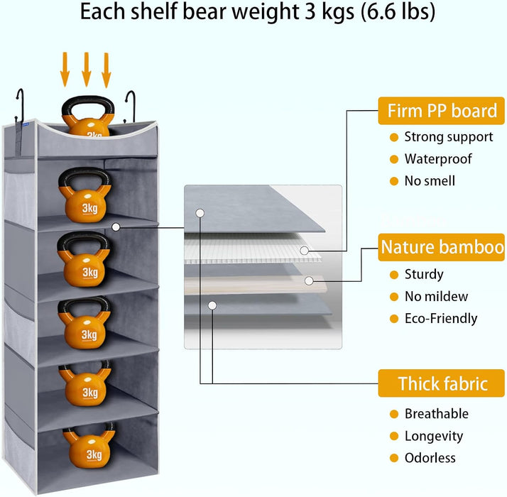 5-Shelf Hanging Closet Organizer and Storage with Side Pockets, Collapsible Closet Hanging Shelves for Storage, Grey