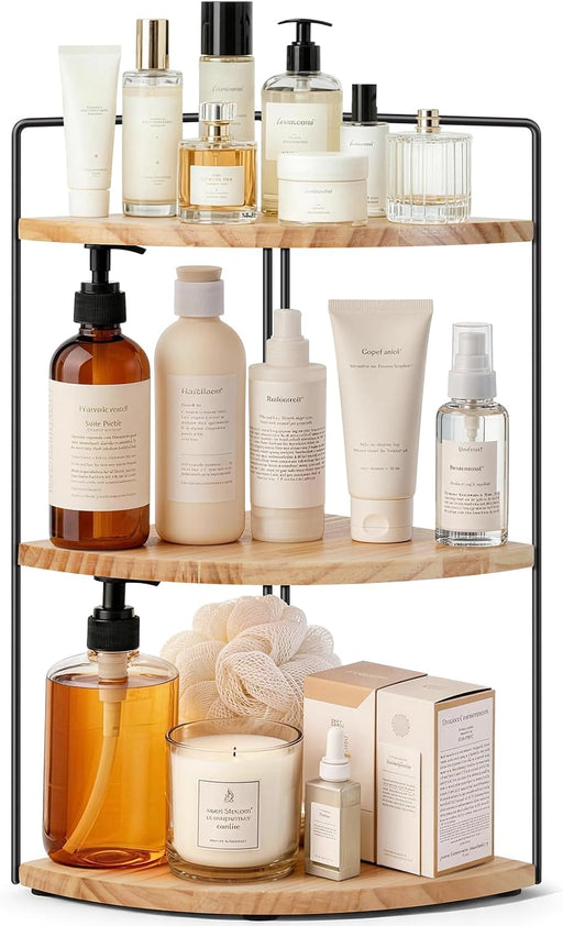 3 Tier Corner Bathroom Counter Organizer – Solid Wood + Metal Stand, Bathroom Countertop Organizer for Skincare, Makeup 